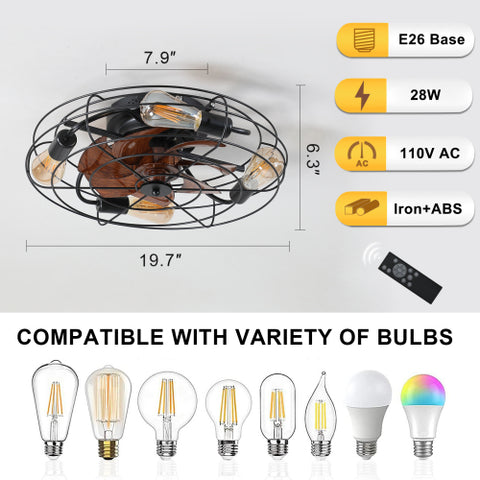 Misty Valley Caged Ceiling Fan With Light, 20'' farmhouse Low Profile Ceiling fan Lights With Remote Control, Modern Enclosed 4x E26 Bulb Ceiling Fans With Reversible Motor Living Room Bedroom Kitchen, Black