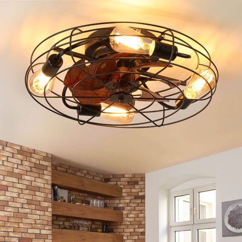 Misty Valley Caged Ceiling Fan With Light, 20'' farmhouse Low Profile Ceiling fan Lights With Remote Control, Modern Enclosed 4x E26 Bulb Ceiling Fans With Reversible Motor Living Room Bedroom Kitchen, Black