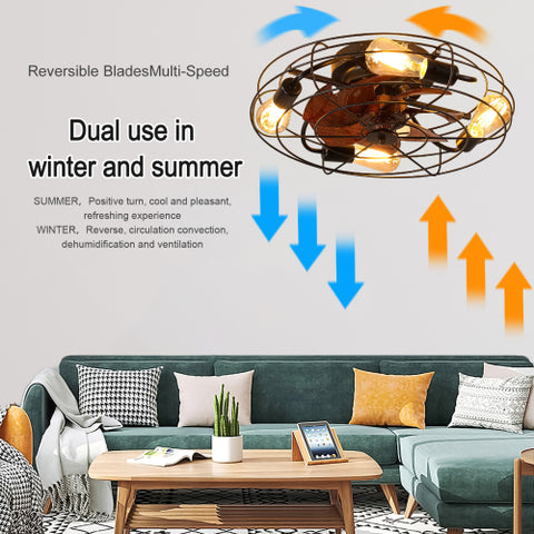 Misty Valley Caged Ceiling Fan With Light, 20'' farmhouse Low Profile Ceiling fan Lights With Remote Control, Modern Enclosed 4x E26 Bulb Ceiling Fans With Reversible Motor Living Room Bedroom Kitchen, Black