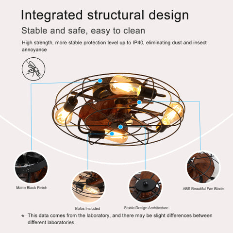 Misty Valley Caged Ceiling Fan With Light, 20'' farmhouse Low Profile Ceiling fan Lights With Remote Control, Modern Enclosed 4x E26 Bulb Ceiling Fans With Reversible Motor Living Room Bedroom Kitchen, Black