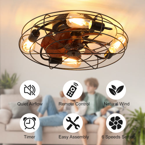 Misty Valley Caged Ceiling Fan With Light, 20'' farmhouse Low Profile Ceiling fan Lights With Remote Control, Modern Enclosed 4x E26 Bulb Ceiling Fans With Reversible Motor Living Room Bedroom Kitchen, Black