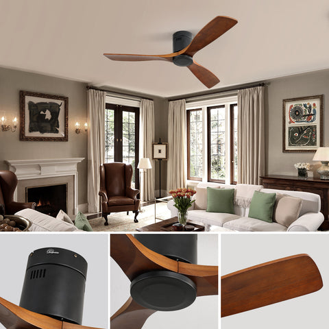Misty Valley 52in. Low Profile Ceiling Fan DC 3 Carved Wood Fan Blade Noiseless Reversible Motor Remote Control Without Light