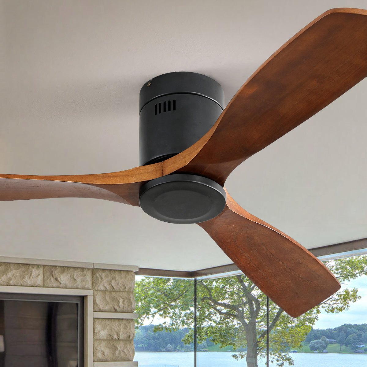 Misty Valley 52in. Low Profile Ceiling Fan DC 3 Carved Wood Fan Blade Noiseless Reversible Motor Remote Control Without Light