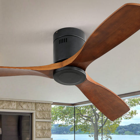 Misty Valley 52in. Low Profile Ceiling Fan DC 3 Carved Wood Fan Blade Noiseless Reversible Motor Remote Control Without Light