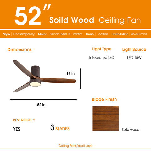 Misty Valley 52in. Solid Wood Indoor Low Profile Ceiling Fan with LED Light and Remote Control