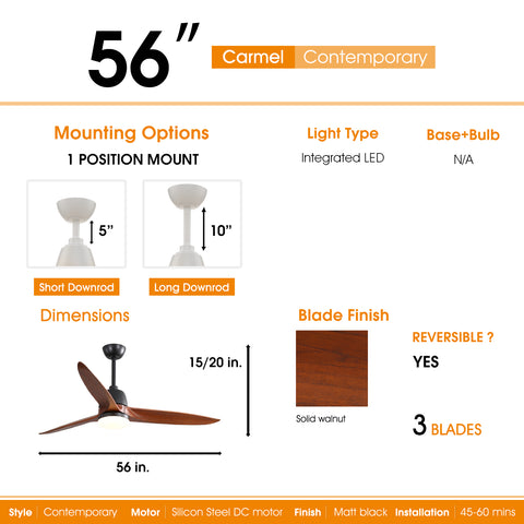 Misty Valley 56in. Modern Matte Black Reversible Ceiling Fan with Light, 6 Speed Remote Energy-saving DC Motor