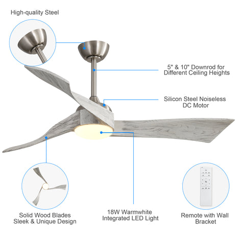 Misty Valley 52in. Brushed Nickel Ceiling Fan Light With 6 Speed Remote Energy-saving DC Motor