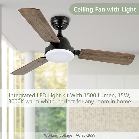 Misty Valley Simple Deluxe 44in. Modern Reversible Ceiling Fan with LED Light and Remote Control, 6-Speed Modes, Time
