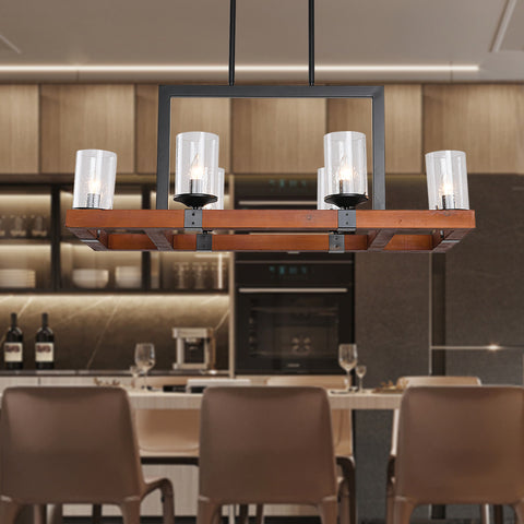 Misty Valley 6-Light Retro Square Wooden Chandelier Glass Lamp Shabby Chic Wood Pendant Light