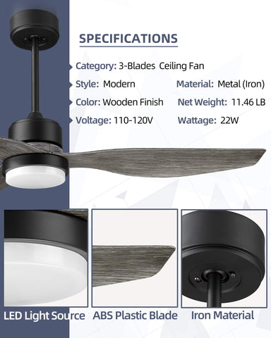 Misty ValleY 52in. Modern Reversible Ceiling Fan with Light, LED Propeller Ceiling Fan with Remote Control