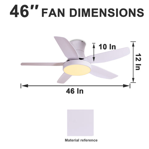 Misty Valley 46in White Indoor Low Profile Ceiling Fan with LED Light and Remote Control,Ultra Quiet Flush Mount Ceiling Fan with 6 Speed DC Motor