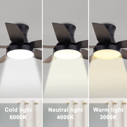 Misty Valley 46in. Modern Black Flush Mount Ceiling Fan with Light and Remote Control, Low Profile Ceiling Fan with 5 blades, 3 Light Color, 6 Speeds for Living Room, Bedroom