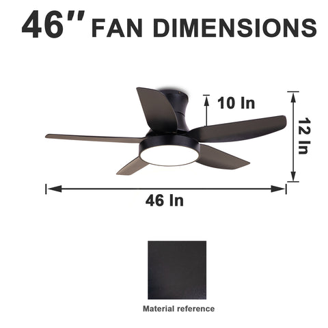 Misty Valley 46in. Modern Black Flush Mount Ceiling Fan with Light and Remote Control, Low Profile Ceiling Fan with 5 blades, 3 Light Color, 6 Speeds for Living Room, Bedroom
