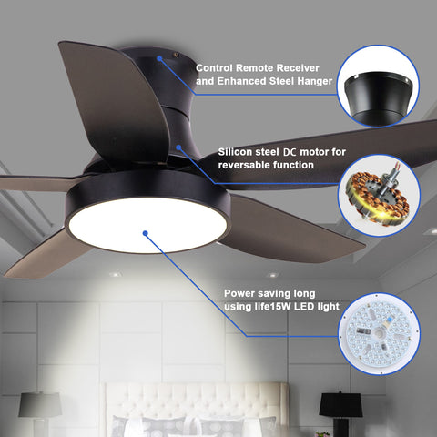 Misty Valley 46in. Modern Black Flush Mount Ceiling Fan with Light and Remote Control, Low Profile Ceiling Fan with 5 blades, 3 Light Color, 6 Speeds for Living Room, Bedroom
