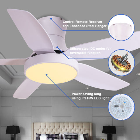 Misty Valley 46in White Indoor Low Profile Ceiling Fan with LED Light and Remote Control,Ultra Quiet Flush Mount Ceiling Fan with 6 Speed DC Motor