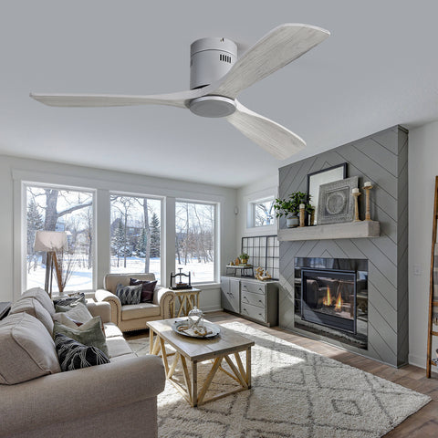 Misty Valley 52in. Low Profile Ceiling Fan DC 3 Carved Wood Fan Blade Noiseless Reversible Motor Remote Control Without Light