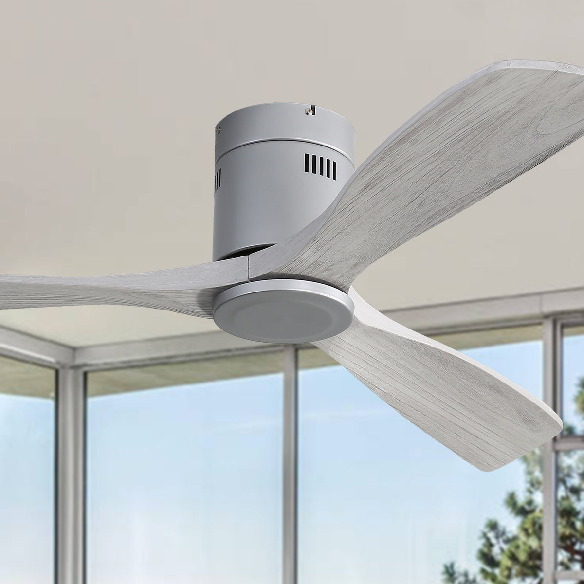 Misty Valley 52in. Low Profile Ceiling Fan DC 3 Carved Wood Fan Blade Noiseless Reversible Motor Remote Control Without Light