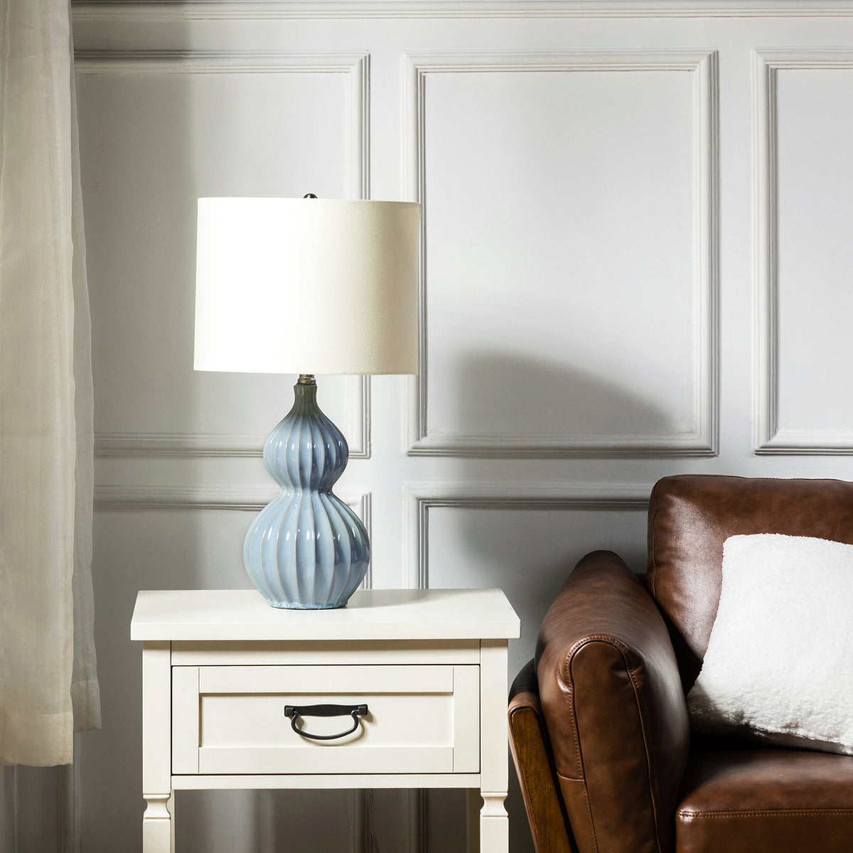 Misty Valley 24" Modern Bedside LED Table Lamp with Linen Shade and Gourd-Shaped Ceramic Base