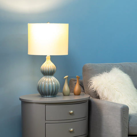 Misty Valley 24" Modern Bedside LED Table Lamp with Linen Shade and Gourd-Shaped Ceramic Base