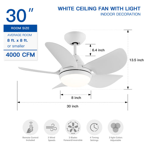 Misty Valley 30in. Integrated LED Modern White Ceiling Fan with Light,ABS Blade