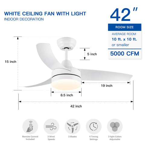 Misty Valley 42in. Integrated LED Modern White Ceiling Fan with Light, Silent Remote Control Ceiling Fan