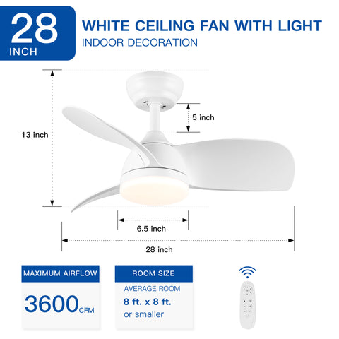 Misty Valley 28in. Modern White Integrated LED 6-Speed Low Profile Ceiling Fan with Light For Bedroom