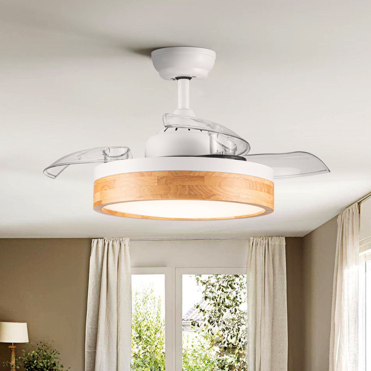 Misty Valley 36in. LED Retractable Ceiling Fan With Light,Round Solid Wood Shade Ceiling Fan for Bedroom