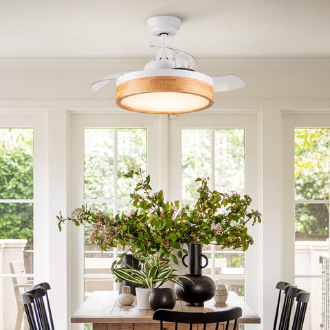 Misty Valley 36in. LED Retractable Ceiling Fan With Light,Round Solid Wood Shade Ceiling Fan for Bedroom