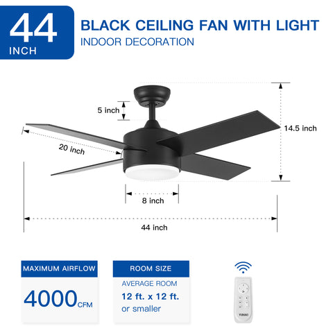 Misty Valley 44in. Modern 4-Blade Integrated LED Remote Control Ceiling Fan with Black ABS Blade
