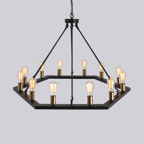 Misty Valley 12-Light Modern American Hexagonal Black Chandelier, Mid-Century Matte Black Pendant Light for Living Room