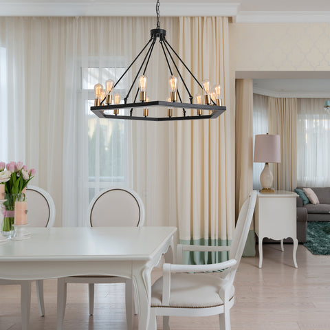 Misty Valley 12-Light Modern American Hexagonal Black Chandelier, Mid-Century Matte Black Pendant Light for Living Room