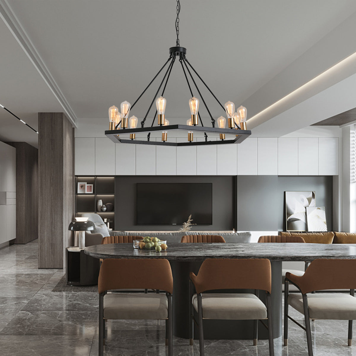 Misty Valley 12-Light Modern American Hexagonal Black Chandelier, Mid-Century Matte Black Pendant Light for Living Room