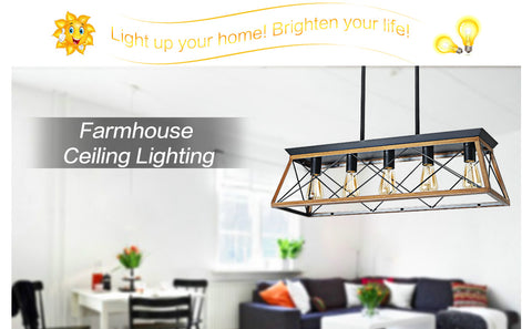 Misty Valley Walnut Farmhouse Chandeliers for Dining Room,Rustic Kitchen Island Light Fixture,5-Light Industrial Kitchen Island Pendant Light