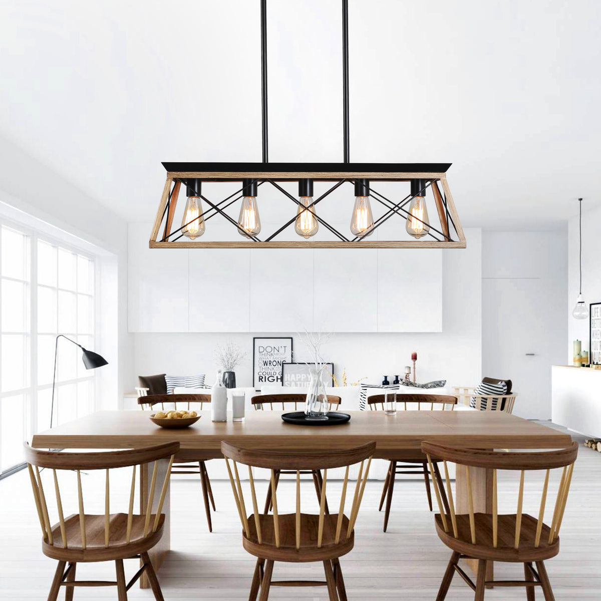 Misty Valley Oak Farmhouse Chandeliers for Dining Room,Rustic Kitchen Island Light Fixture，5-Light Industrial Kitchen Island Pendant Light