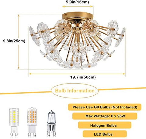 Misty Valley Flush Mount Ceiling Light, Crystal Chandelier Light Fixture Sputnik Firework Ceiling Lamp Modern Golden Close to Ceiling Light