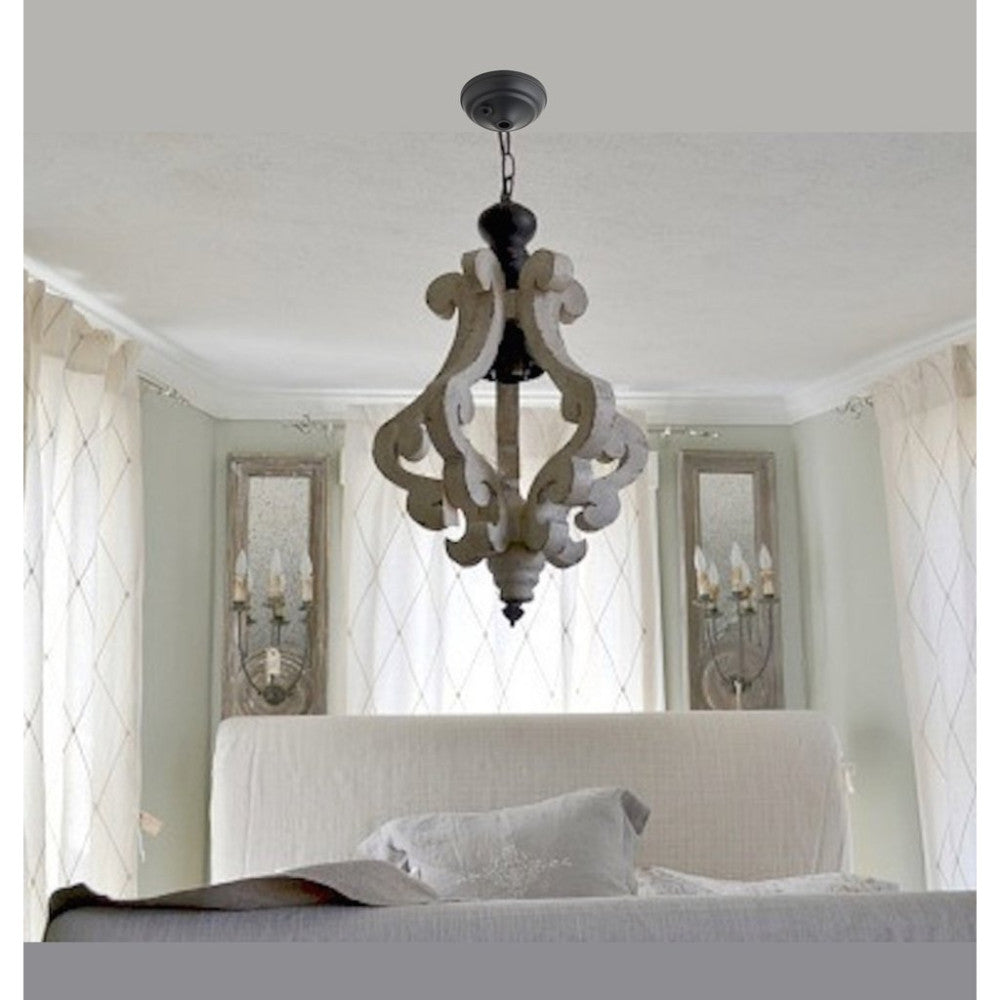 Misty Valley Farmhouse Wooden Chandelier With Metal Chain And One Bulb Holder for Kitchen Island,Distressed White