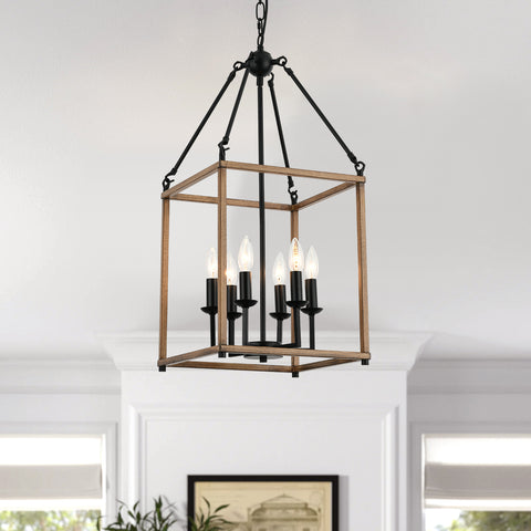 Misty Valley 6-Light Lantern Geometric Chandelier, Farmhouse Wood Ceiling Pendant Light for Living Room