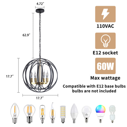 Misty Valley 4-Light Modern American Spherical Globo Chandelier,Classic Iron Metal Ceiling Light