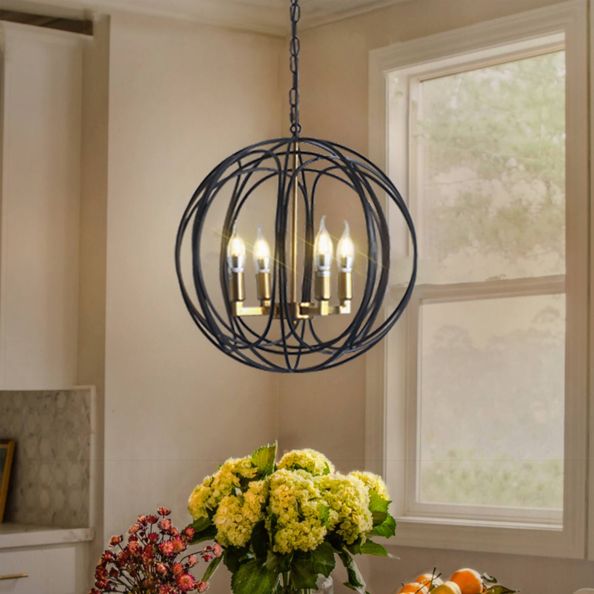 Misty Valley 4-Light Modern American Spherical Globo Chandelier,Classic Iron Metal Ceiling Light