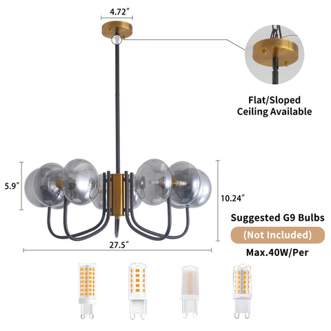 Misty Valley Modern American Chandelier-Black Gold Iron Glass Lampshade -10 bulbs -G9 Lamp Holder