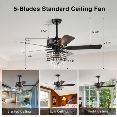 Misty Valley 52in. Modern Glam Crystal Ceiling Fan with Light,3-Speed Reversible Remote Control Ceiling Fan