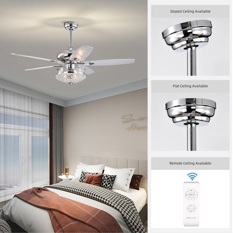 Misty Valley 52in. Modern Crystal Chrome Ceiling Fan with Light,5 Reversible Blade Remote Control Ceiling Fan for Living Room
