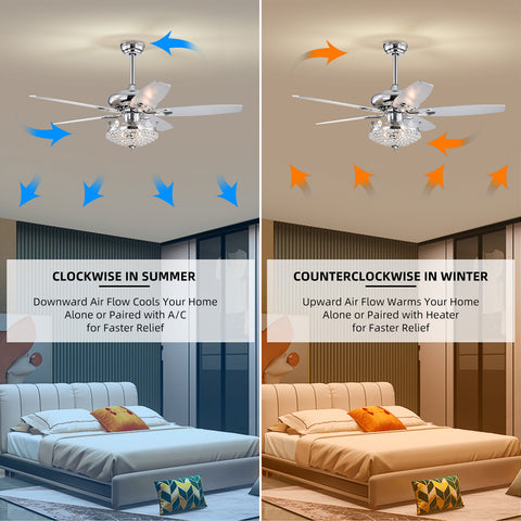 Misty Valley 52in. Modern Crystal Chrome Ceiling Fan with Light,5 Reversible Blade Remote Control Ceiling Fan for Living Room