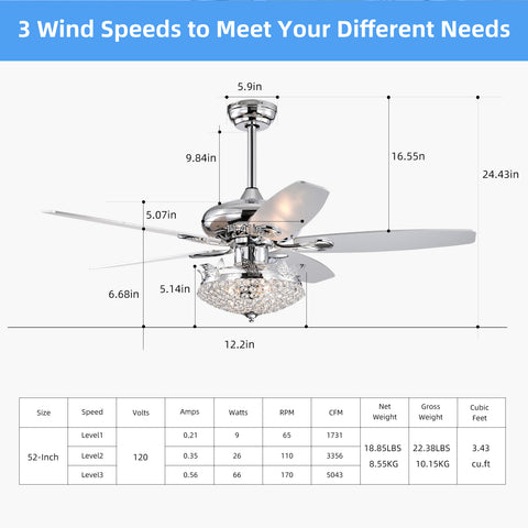 Misty Valley 52in. Modern Crystal Chrome Ceiling Fan with Light,5 Reversible Blade Remote Control Ceiling Fan for Living Room