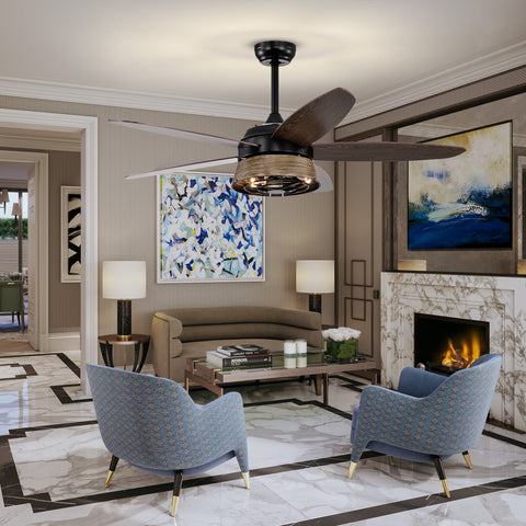 Misty Valley 52in. Modern Industrial Black Ceiling Fan with Remote, Wood Ceiling Fan for Patio Living Room