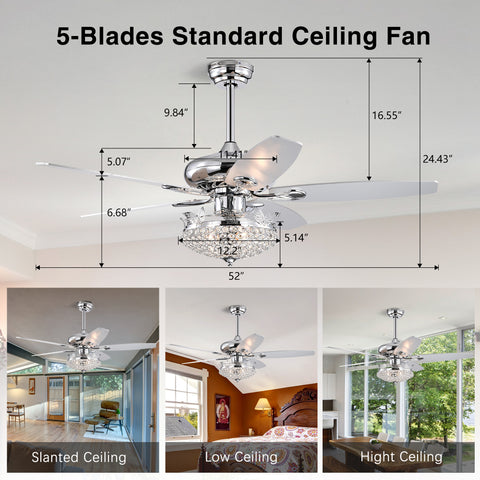 Misty Valley 52in. Modern Crystal Chrome Ceiling Fan with Light,5 Reversible Blade Remote Control Ceiling Fan for Living Room