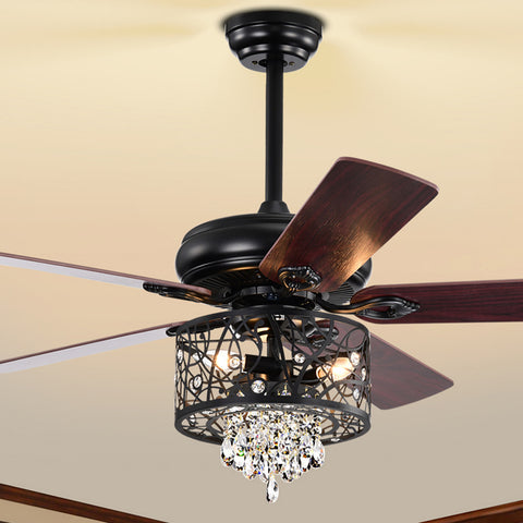 Misty Valley 52in. Modern Glam Crystal Matte Black Reversible Ceiling Fan with Light