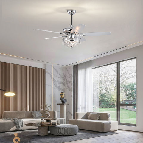Misty Valley 52in. Modern Crystal Chrome Ceiling Fan with Light,5 Reversible Blade Remote Control Ceiling Fan for Living Room