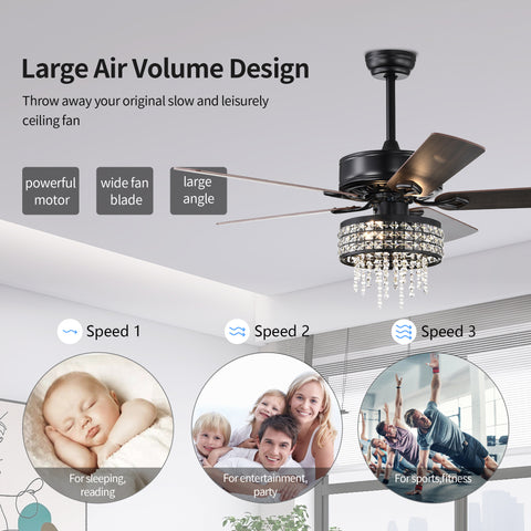 Misty Valley 52in. Modern Glam Crystal Ceiling Fan with Light,3-Speed Reversible Remote Control Ceiling Fan