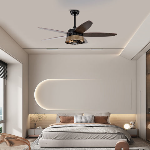 Misty Valley 52in. Modern Industrial Black Ceiling Fan with Remote, Wood Ceiling Fan for Patio Living Room